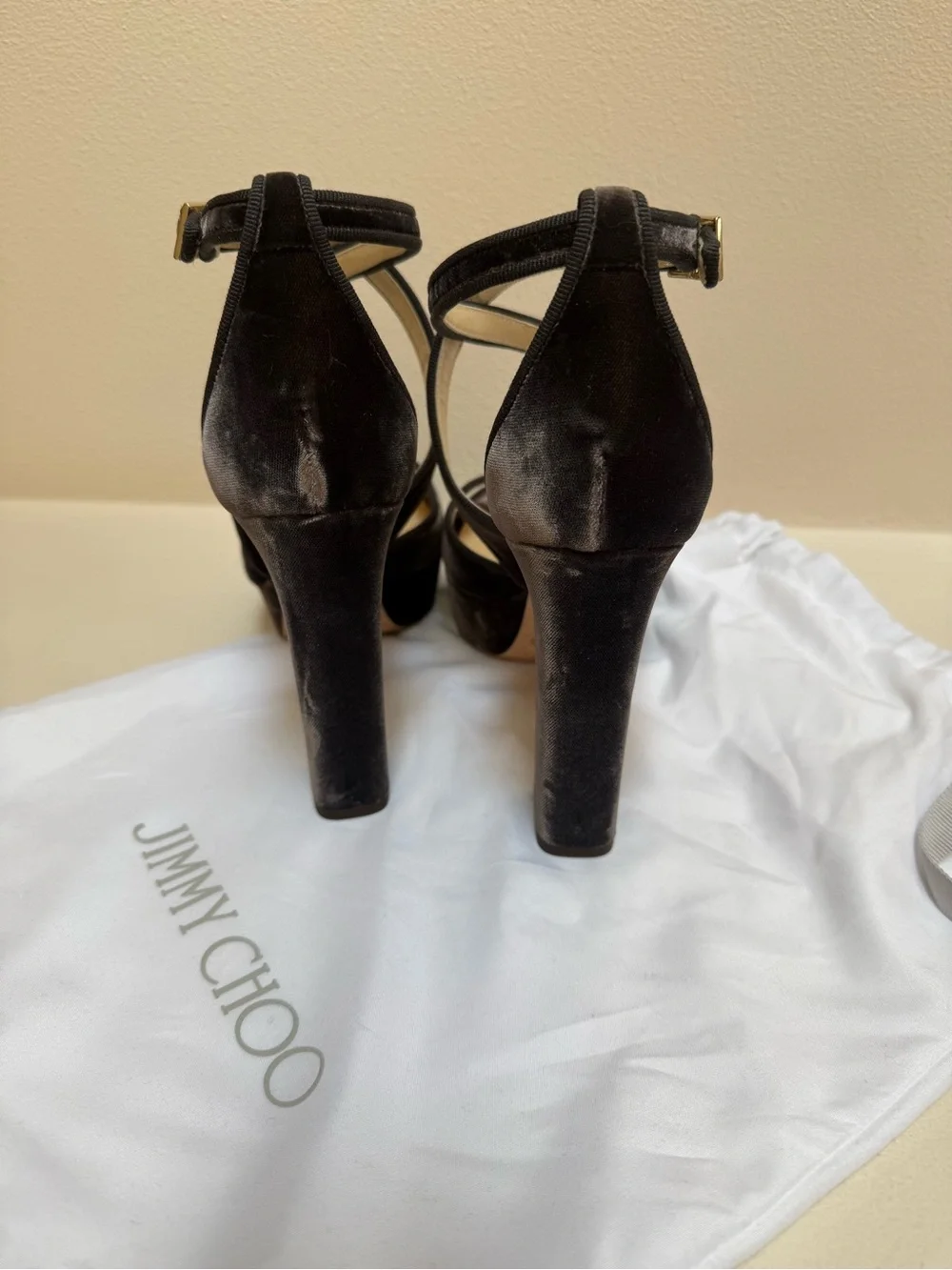 Jimmy Choo Black Velvet Platform Sandals with Crisscross Straps